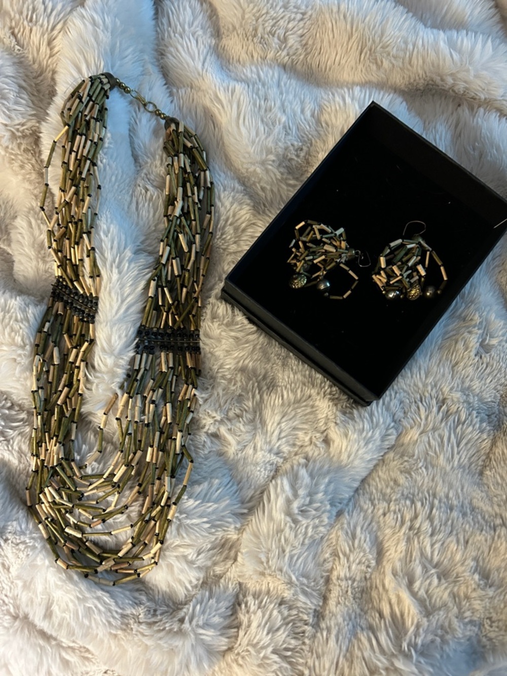 Multi-Strand Olive Green and Gold seed Bead Necklace with Matching Earrings